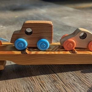 Wooden handcrafted car hauler with cars - heirloom